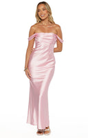 Beginning Boutique Ella Light Pink Off Shoulder Formal Maxi Dress light pink satin off-shoulder draped neckline fitted maxi dress