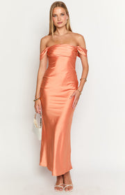 Orange satin off-shoulder midi dress with draped sleeves and a fitted silhouette