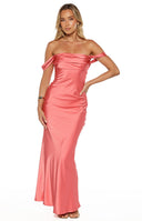 Beginning Boutique Ella Pink Off Shoulder Formal Dress pink satin off-shoulder draped neckline maxi dress