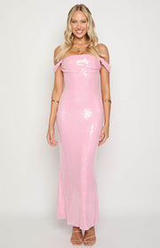 Front view of a pink sequin off-shoulder maxi dress with a straight neckline and draped sleeves
