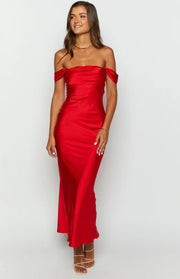 Front view of a red satin off-shoulder midi dress with a draped neckline and fitted bodice