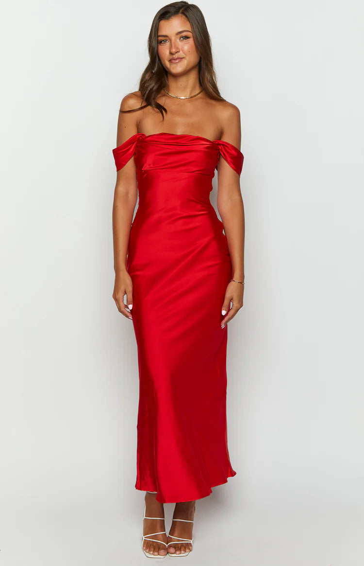 Red satin off-shoulder dress with a draped neckline and a fitted silhouette that flows to midi length