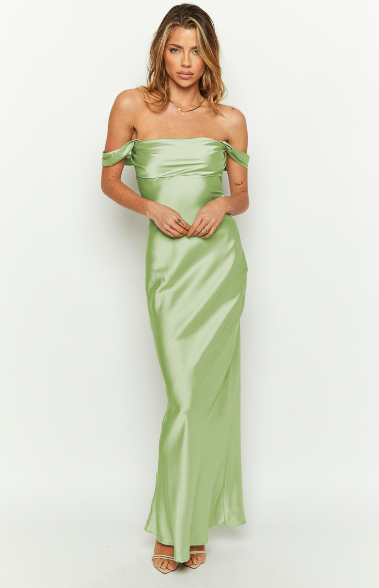 Sage green satin off-shoulder maxi dress with draped neckline and flowing skirt