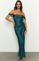 Beginning Boutique Ella Teal Off Shoulder Formal Maxi Dress teal satin off-shoulder maxi dress with a fitted bodice and drape