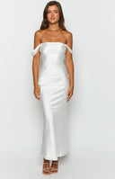 Beginning Boutique Ella White Off Shoulder Formal Dress white satin off-shoulder midi dress with draped neckline and fitted bodice