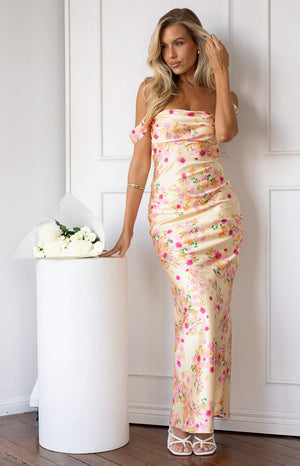 Ella Yellow Bloom Satin Maxi Dress