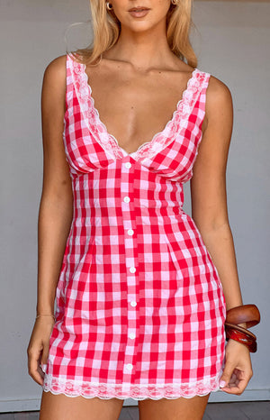 Beginning Boutique Elliana Red Gingham Lace Trim Mini Dress red and white gingham V-neck mini dress with white lace trim and
