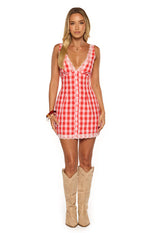 Elliana Red Gingham Lace Trim Mini Dress Image