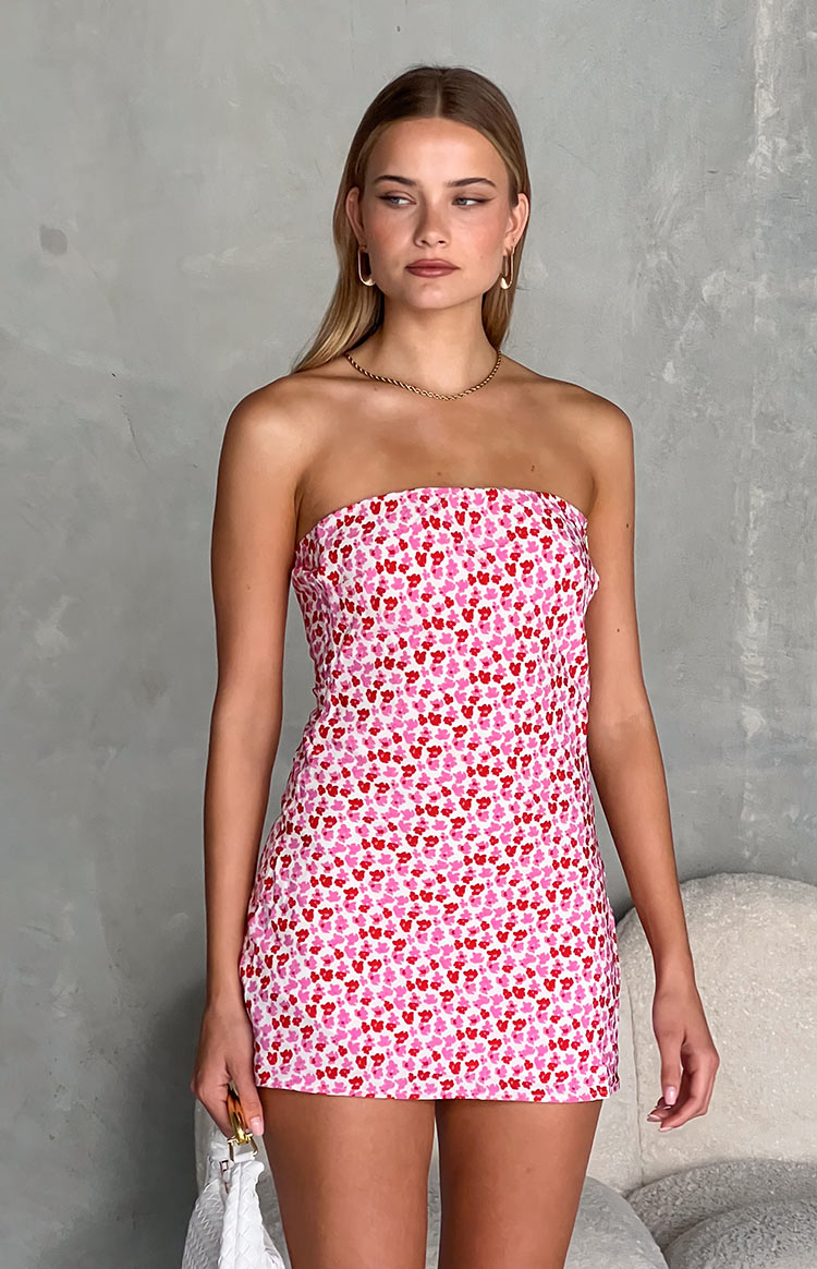 Beginning Boutique Ellie Pink And Red Speckled Mini Dress white strapless mini dress with pink and red speckle pattern bodycon fit