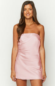 Front view of a baby pink satin strapless mini dress with a straight neckline and subtle side zipper