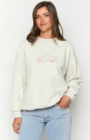 Beginning Boutique Elodie Grey Crew Neck Sweater light heather grey oversized crew neck sweater with red car embroidery and ribbed cuffs