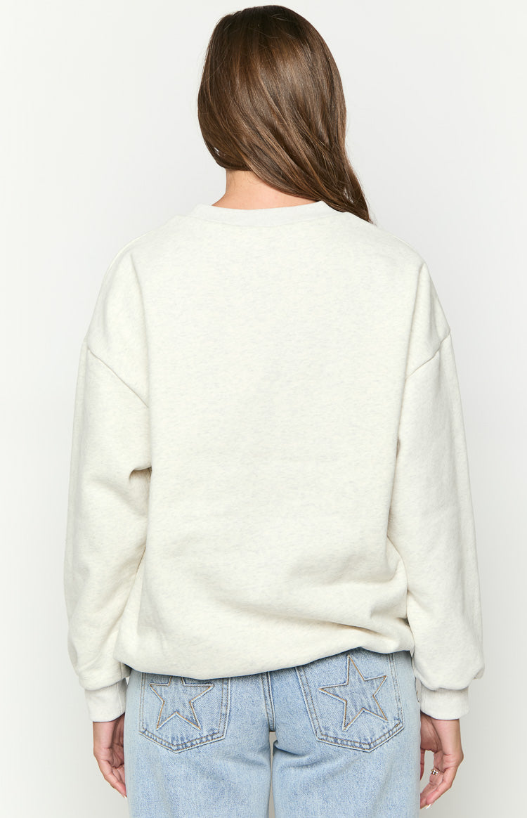 Rear view of a light grey marled crew neck sweater with a relaxed fit and long sleeves