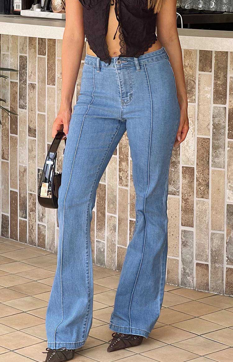 Beginning Boutique Elowen Mid Wash Flared Denim Jeans high waist denim with front seam detail
