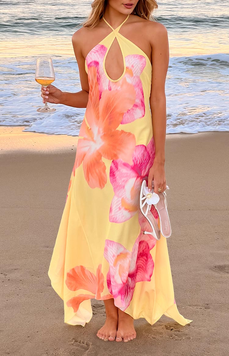 Elowen Yellow Hibiscus Floral Halter Maxi Dress