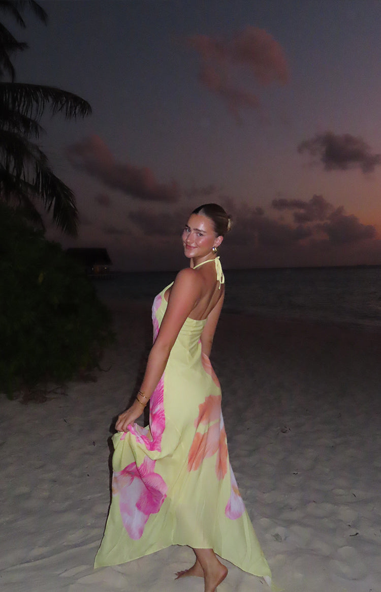 Elowen Yellow Hibiscus Floral Halter Maxi Dress Image