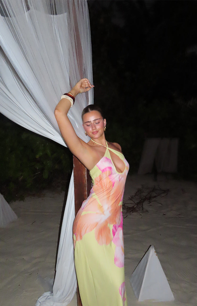 Elowen Yellow Hibiscus Floral Halter Maxi Dress Image