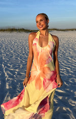 Elowen Yellow Hibiscus Floral Halter Maxi Dress