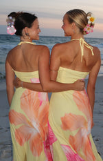 Elowen Yellow Hibiscus Floral Halter Maxi Dress