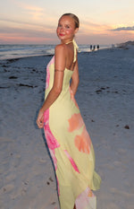 Elowen Yellow Hibiscus Floral Halter Maxi Dress