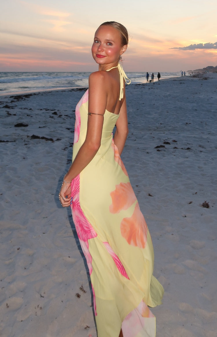 Elowen Yellow Hibiscus Floral Halter Maxi Dress