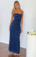 Beginning Boutique Ely Navy Lace Maxi Formal Dress navy lace maxi dress with satin ruched sweetheart neckline and spaghetti s