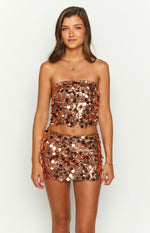 Bronze sequin strapless bandeau crop top with large overlapping disc sequins and a straight hem