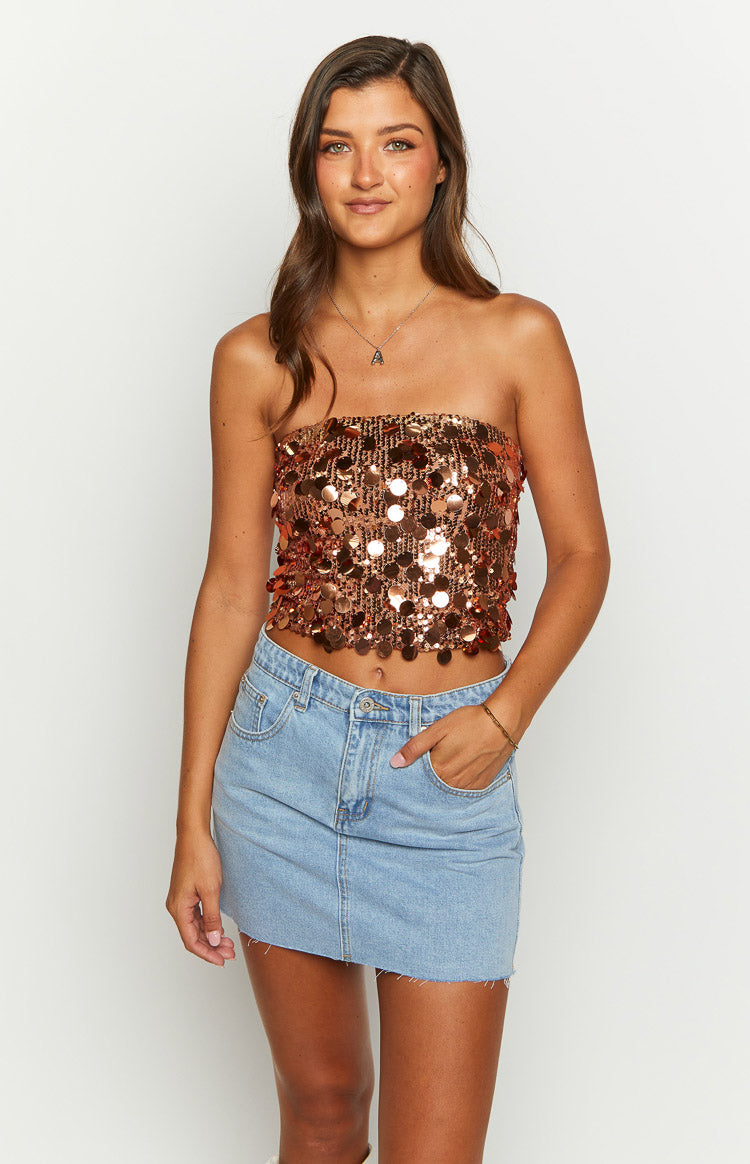 Bronze sequin strapless crop top with large overlapping sequins and a cropped hem