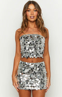 Beginning Boutique Emiko Silver Sequin Crop Top silver sequin strapless bandeau crop top