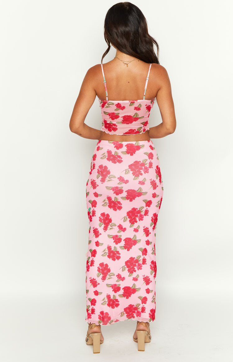 Emz Pink Floral Mesh Midi Skirt Image