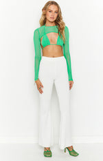 Front view of a bright green mesh long sleeve crop top with a high neck and large bust cut-out over a ruched triangle bra