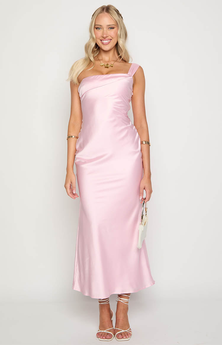 Front view of a pink satin maxi dress featuring a one-shoulder neckline and draped bodice detail