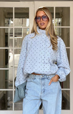 Erin Blue Polka Dot Funnel Neck Sports Jacket