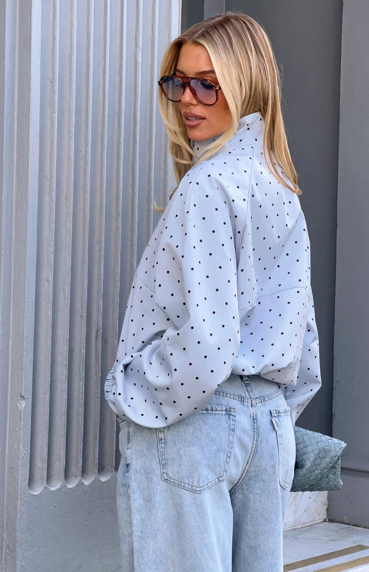 Erin Blue Polka Dot Funnel Neck Sports Jacket
