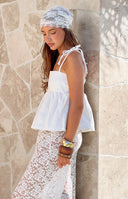 Beginning Boutique Ethel White Denim Top white denim square neck top with tie-shoulder straps and gathered peplum hem