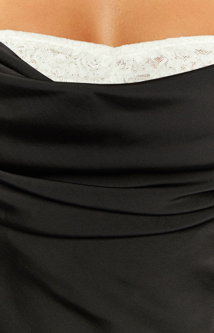 Evelyn Lace Detail Black Satin Maxi Dress Image