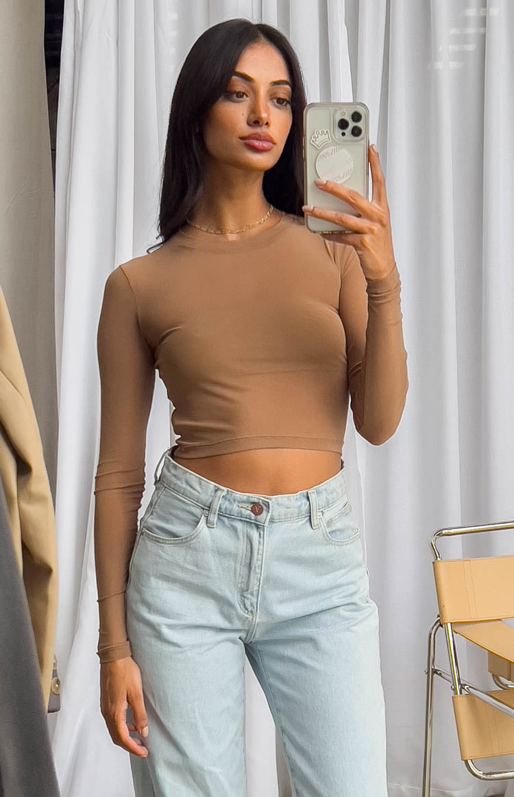 Evermore Beige Mesh Long Sleeve Top Image