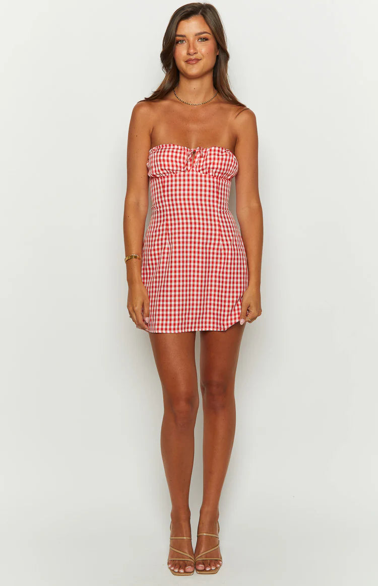 Faith Red Gingham Strapless Mini Dress