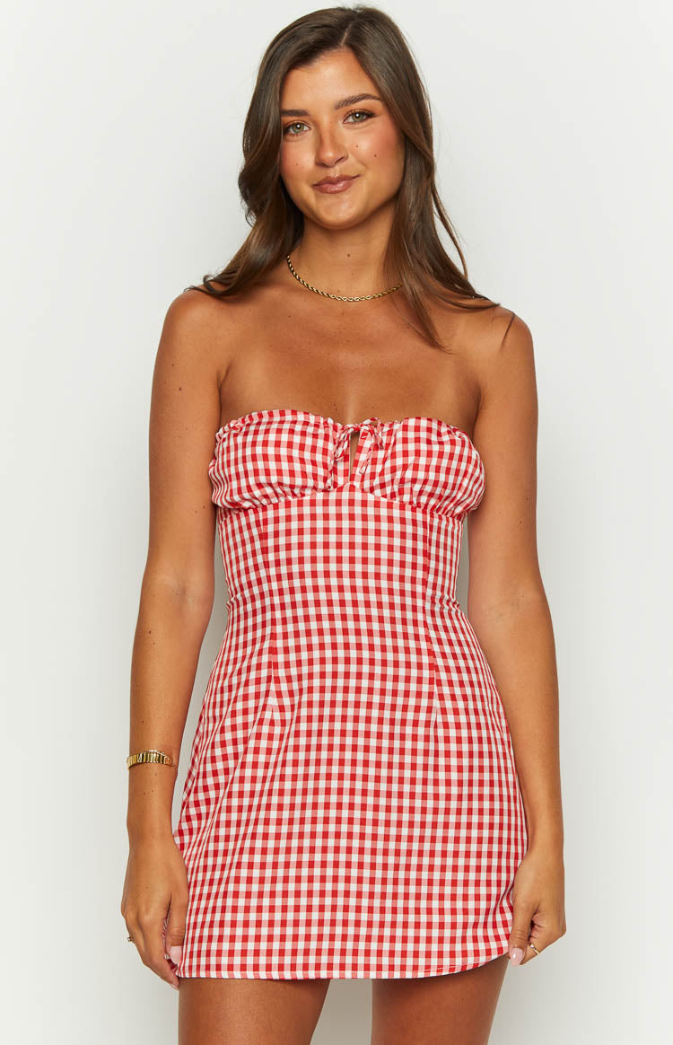 Faith Red Gingham Strapless Mini Dress Image