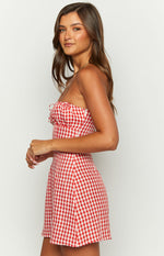Side view of a red gingham strapless mini dress showing the tie-front bodice and A-line skirt