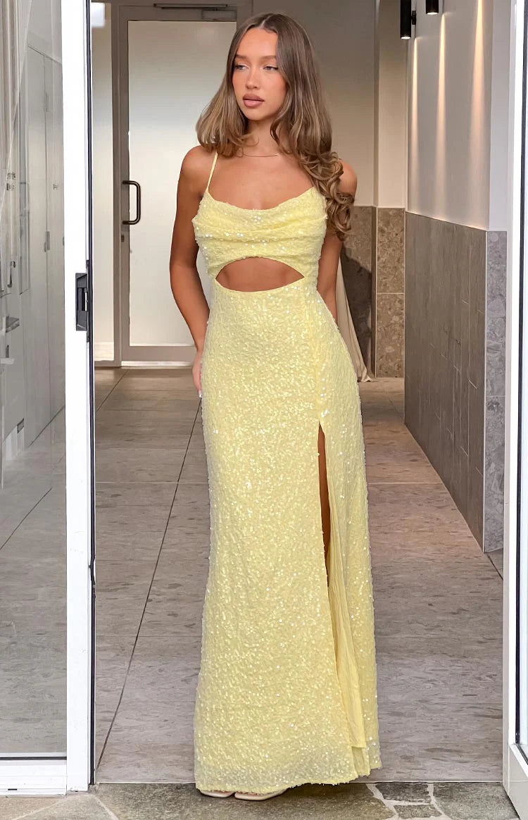 Fallon Yellow Sequin Cut Out Formal Maxi Dress