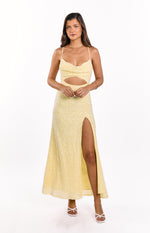 Yellow sequin maxi dress with a draped cowl neckline, midriff cut-out, and a high side split