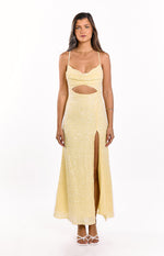 Yellow sequin maxi dress with a cowl neck, waist cutout, and a high leg slit