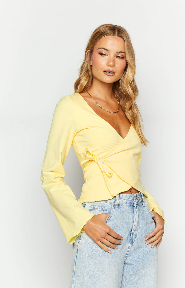 Fantasize Yellow Long Sleeve Front Wrap Top Image