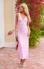 Beginning Boutique Farida Pink Lace Maxi Dress pink and white floral lace V-neck sleeveless fitted maxi dress