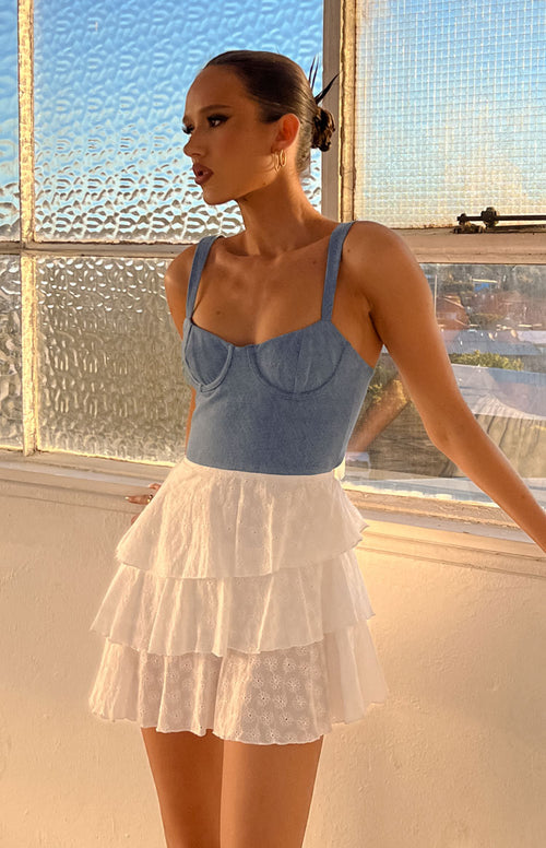 Fashion Flare Light Wash Denim Corset Mini Dress – Beginning Boutique NZ