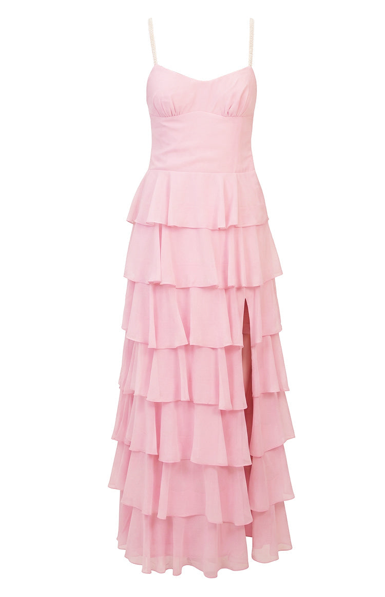 Beginning Boutique Felicity Pink Pearl Strap Ruffle Maxi Dress sweetheart neckline ruched bust tiered skirt maxi dress with a