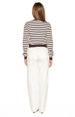 Rear view of white denim jeans showing scallop edge back pockets and contrast stitching