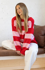 Beginning Boutique Finley Red and Pink Stripe Off Shoulder Knit Sweater wide crew neck long sleeve relaxed fit
