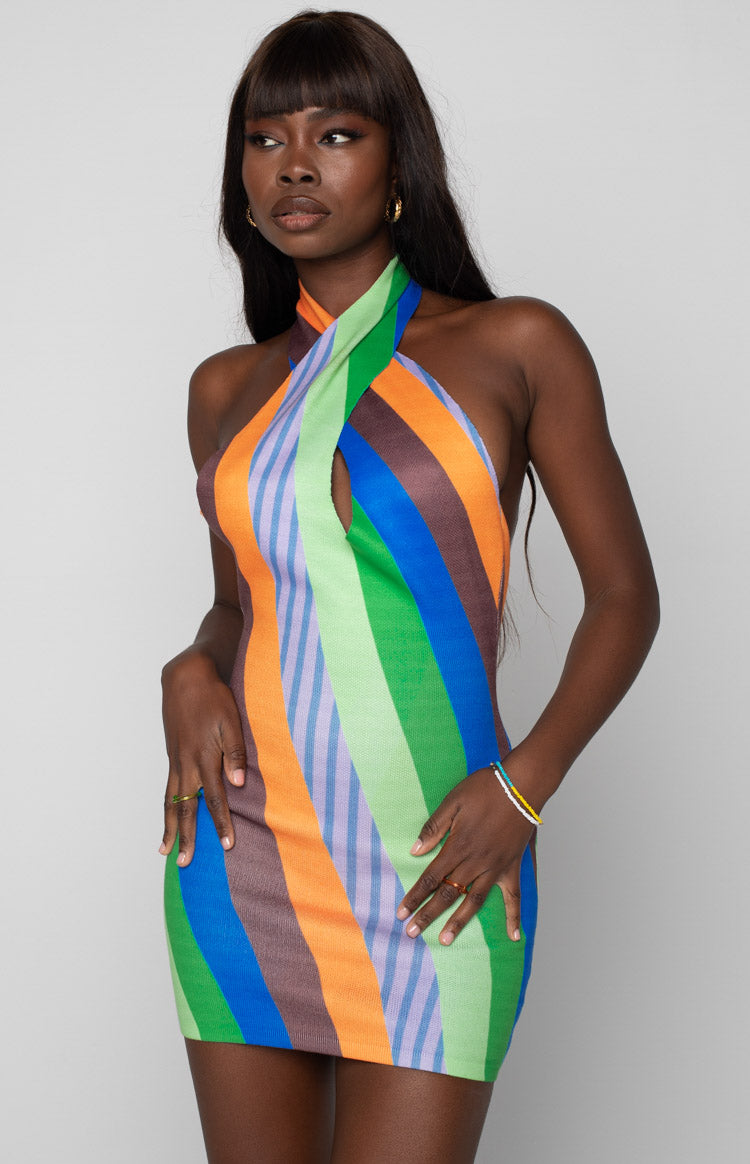 Beginning Boutique Flirtini Halter Dress Multi multi-coloured striped halter mini dress with a low scoop back