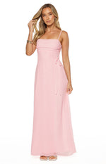 Pink maxi dress with a ruched square neckline and delicate side tie details